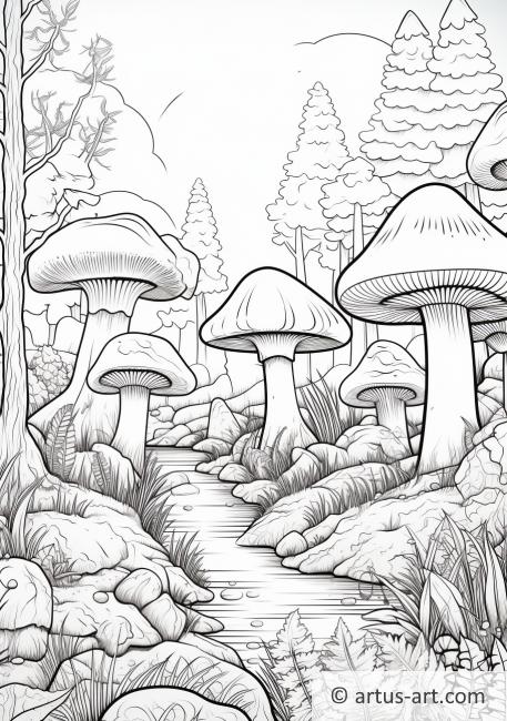 Página para colorir Floresta de Cogumelos